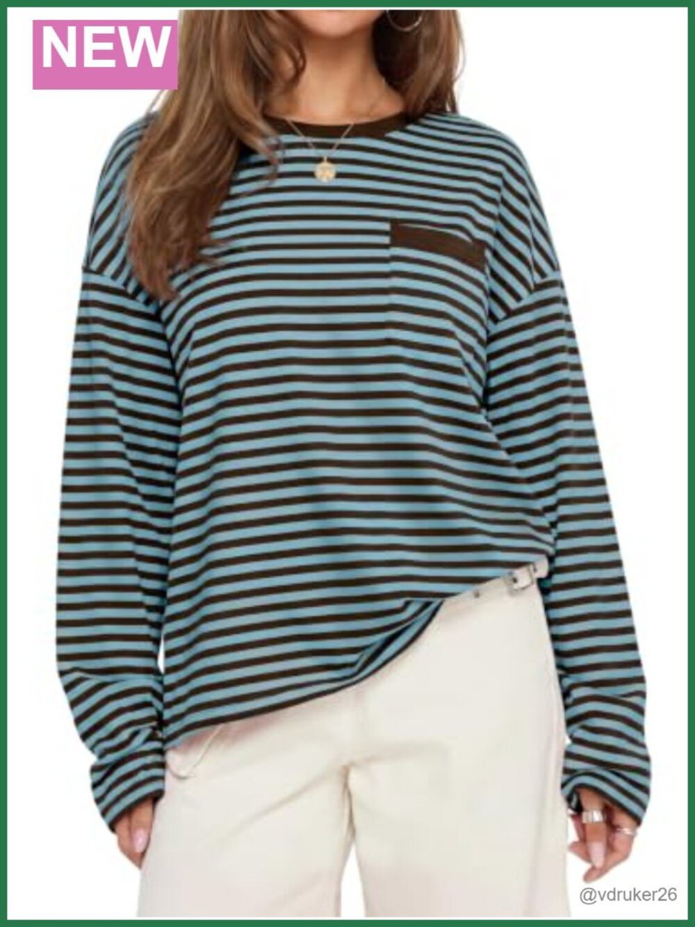 Oversized Striped Long Sleeve Crew Neck T-Shirt Drop Shoulder Loose Fit